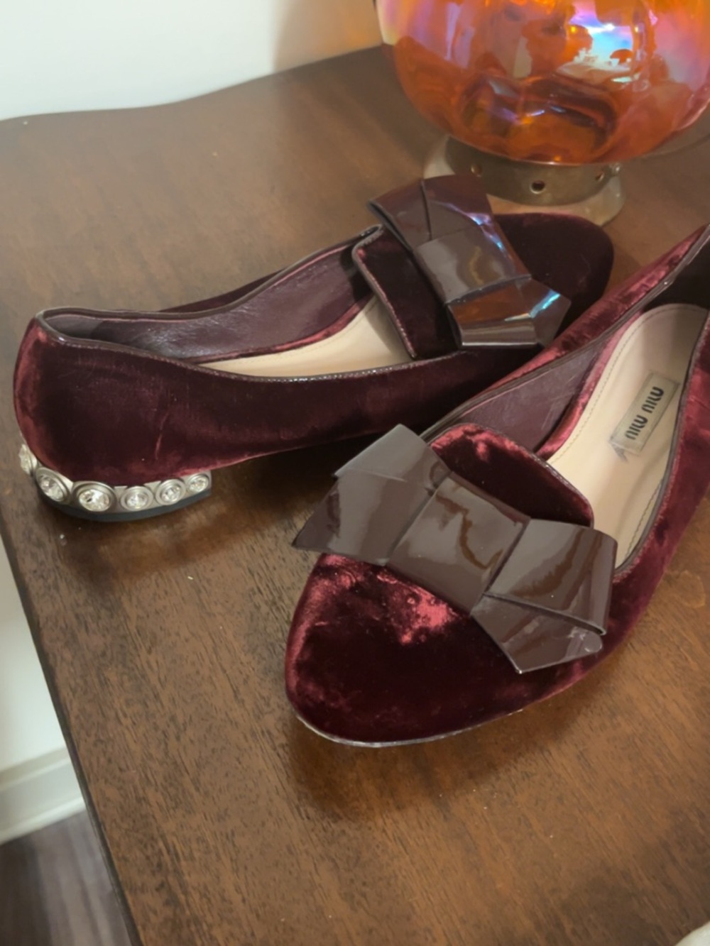 Miu Miu Dark Burgundy Velvet Bow Loafers with Jeweled Heel